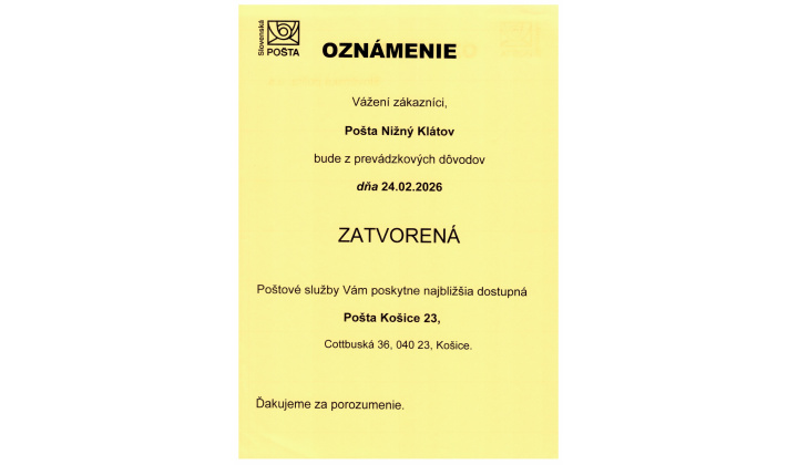 OZNAM - pošta zatvorená 24. 2. 2026