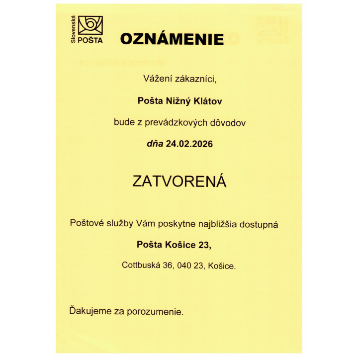 OZNAM - pošta zatvorená 24. 2. 2026