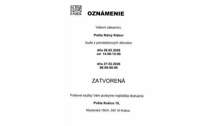 OZNAM - pošta zatvorená 26. - 27. 2. 2026