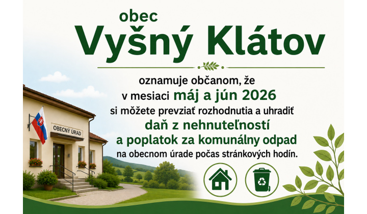 Oznámenie o dani z nehnuteľnosti a poplatku za komunálny odpad na rok 2026