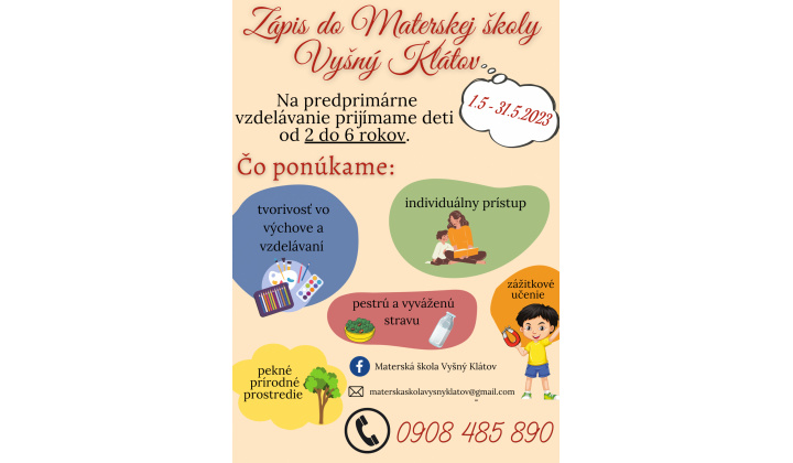 Zápis detí do MŠ Vyšný Klátov